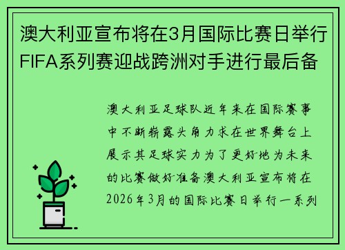 澳大利亚宣布将在3月国际比赛日举行FIFA系列赛迎战跨洲对手进行最后备战