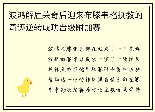 波鸿解雇莱奇后迎来布滕韦格执教的奇迹逆转成功晋级附加赛 波鸿解雇莱奇后迎来布滕韦格执教的奇迹逆转成功晋级附加赛