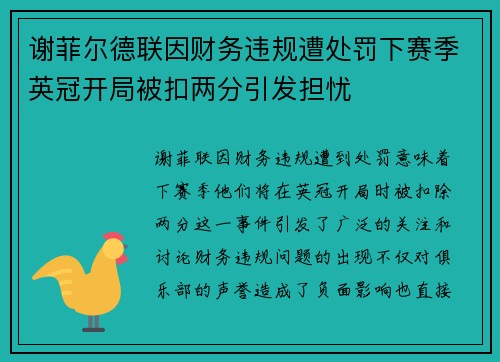谢菲尔德联因财务违规遭处罚下赛季英冠开局被扣两分引发担忧 谢菲尔德联因财务违规遭处罚下赛季英冠开局被扣两分引发担忧
